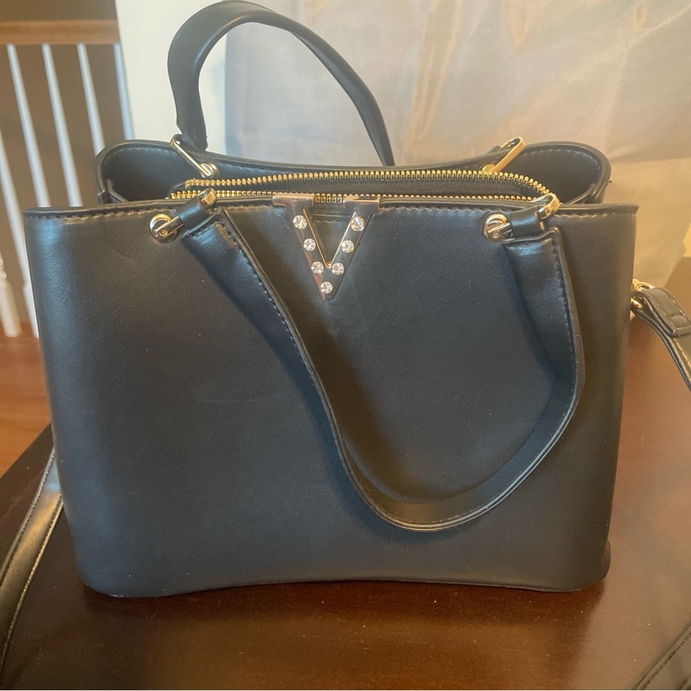 Elegant Black Handbag by Crossi with Deco Jeweled “V” accent